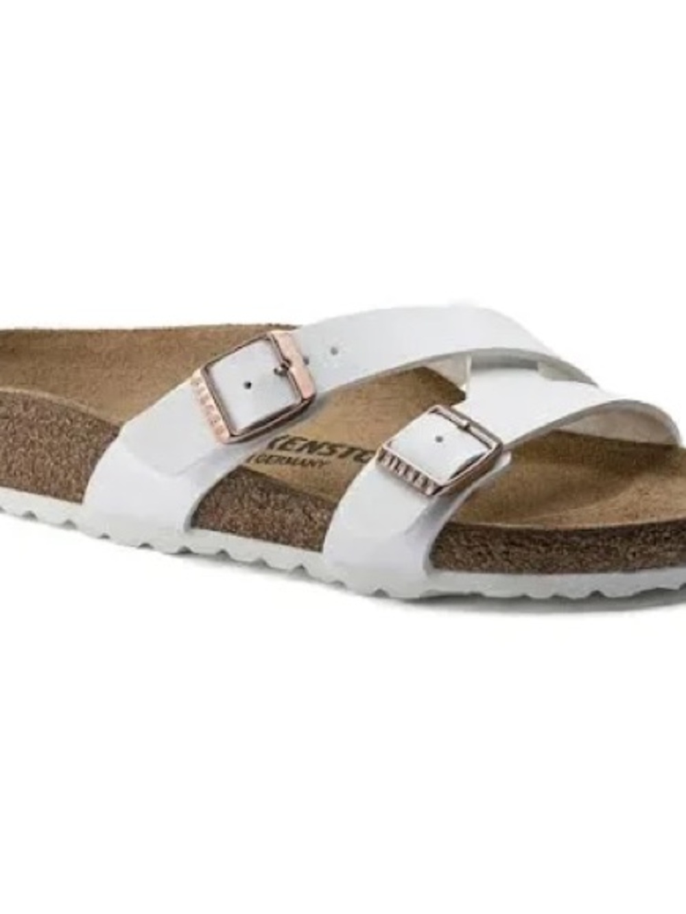 Birkenstock White Double-Strap Sandal with Rose-Gold Buckles